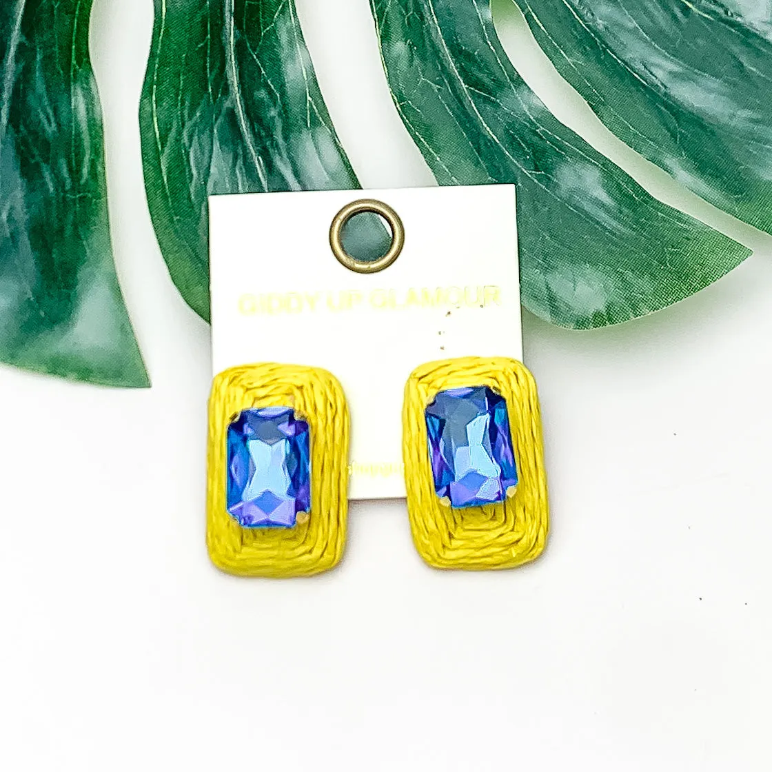 Truly Tropical Raffia Rectangle Earrings in Yellow With Blue Crystal