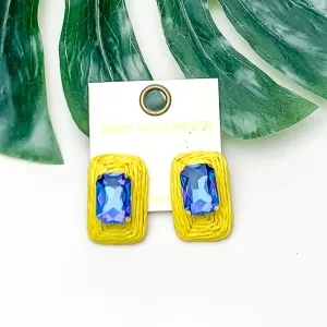 Truly Tropical Raffia Rectangle Earrings in Yellow With Blue Crystal