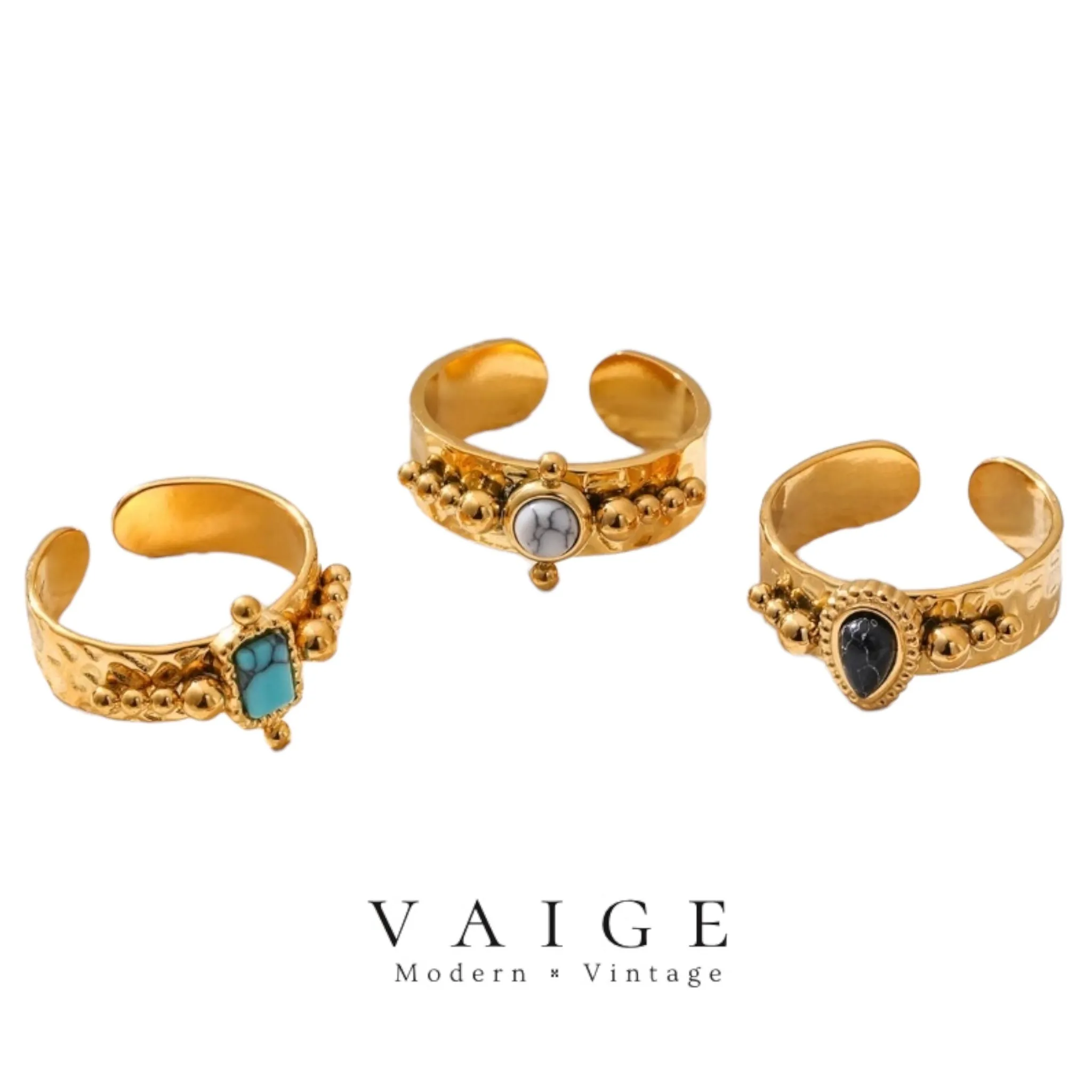 VAIGE Elegant Multicolor Natural Stone and Stainless Steel Ring