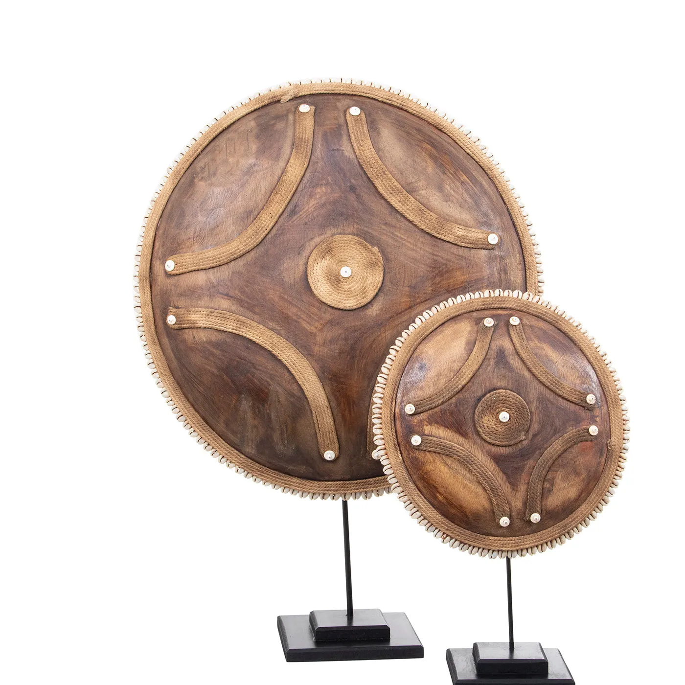 Wooden Natural Cameroon Shield on stand | Manilla Cross Design with Cowrie Edge