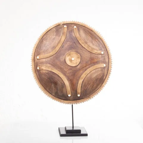 Wooden Natural Cameroon Shield on stand | Manilla Cross Design with Cowrie Edge