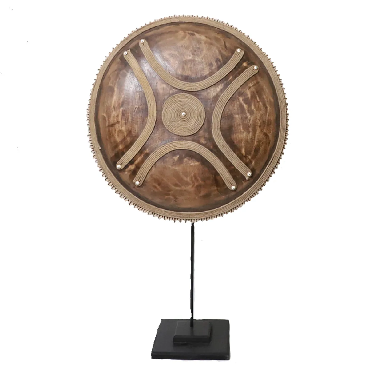 Wooden Natural Cameroon Shield on stand | Manilla Cross Design with Cowrie Edge