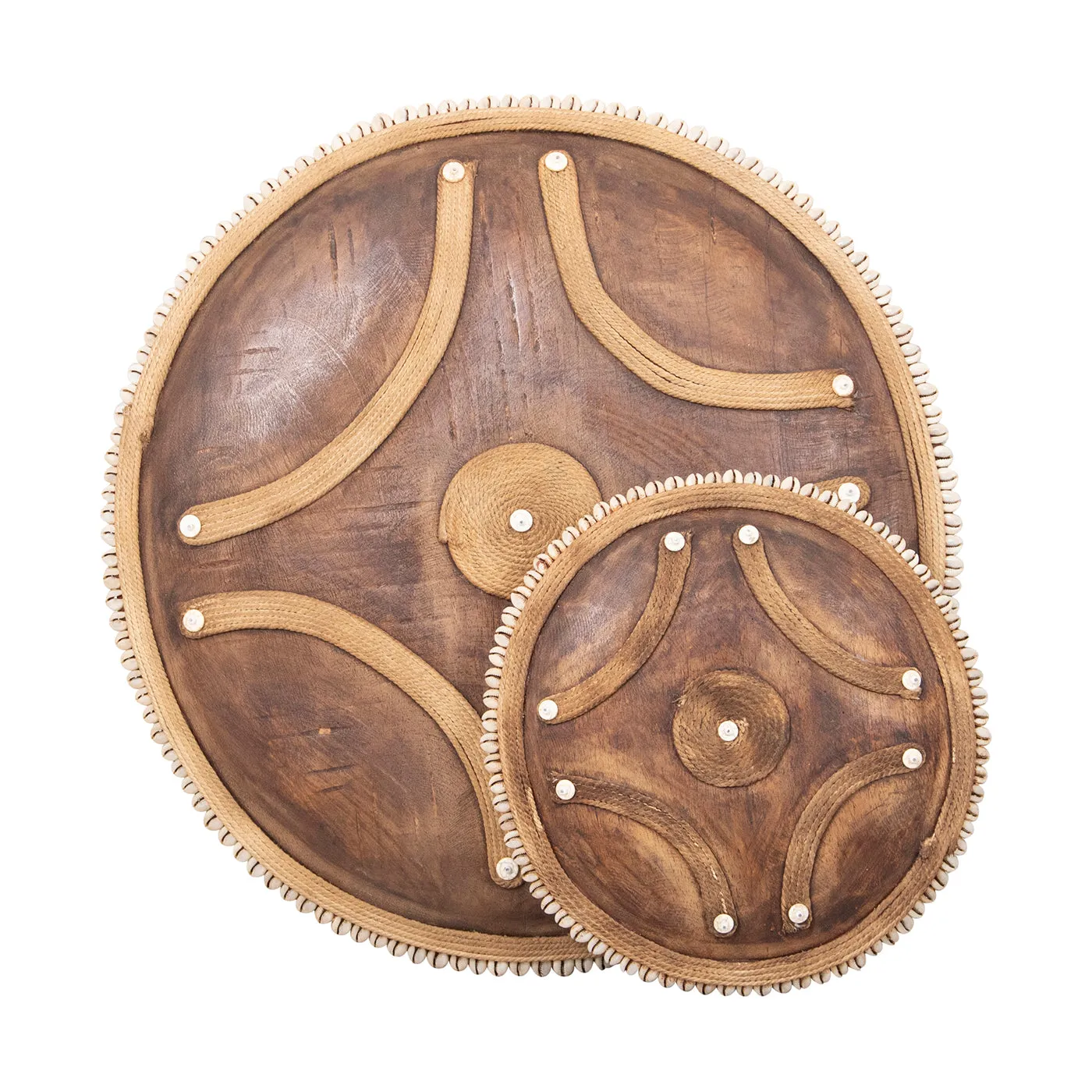 Wooden Natural Cameroon Shield on stand | Manilla Cross Design with Cowrie Edge