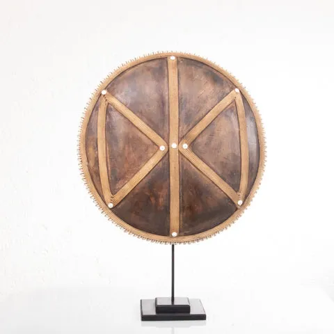 Wooden Natural Cameroon Shield on stand | Manilla Geometric Design with Cowrie Edge