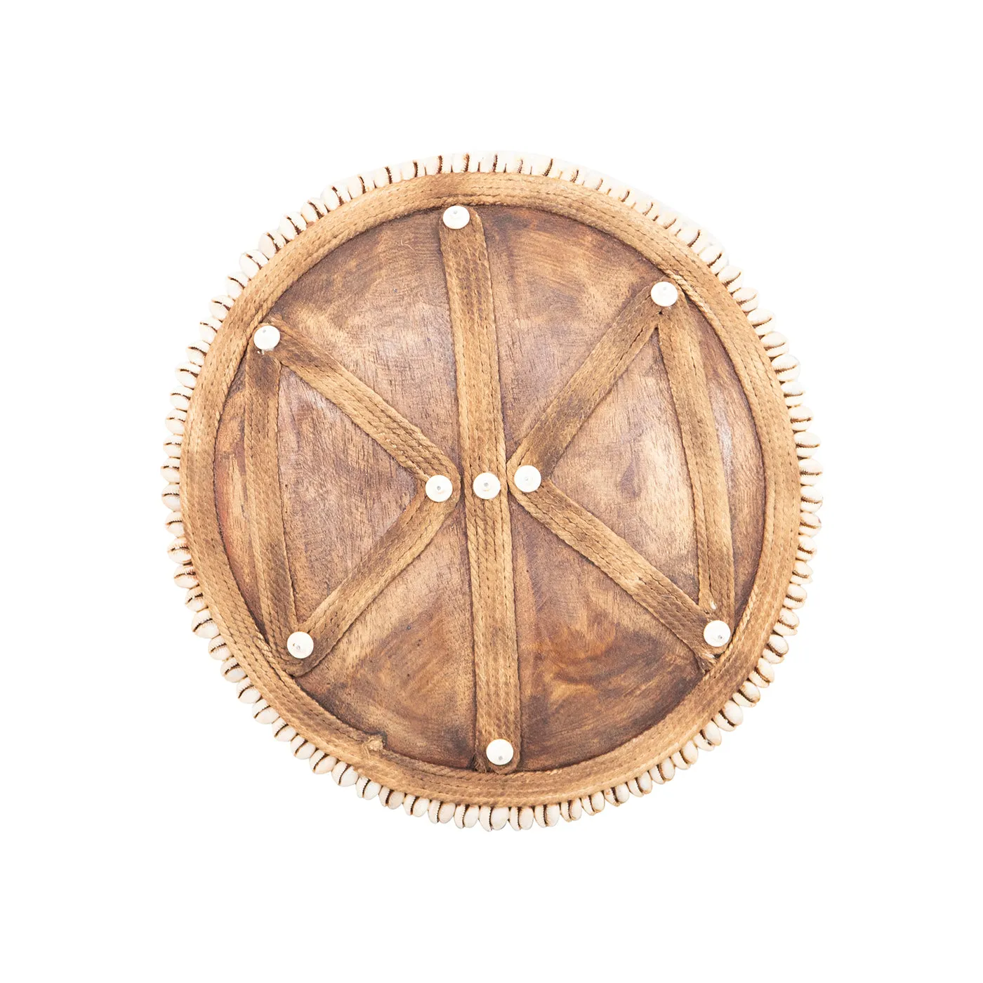 Wooden Natural Cameroon Shield on stand | Manilla Geometric Design with Cowrie Edge