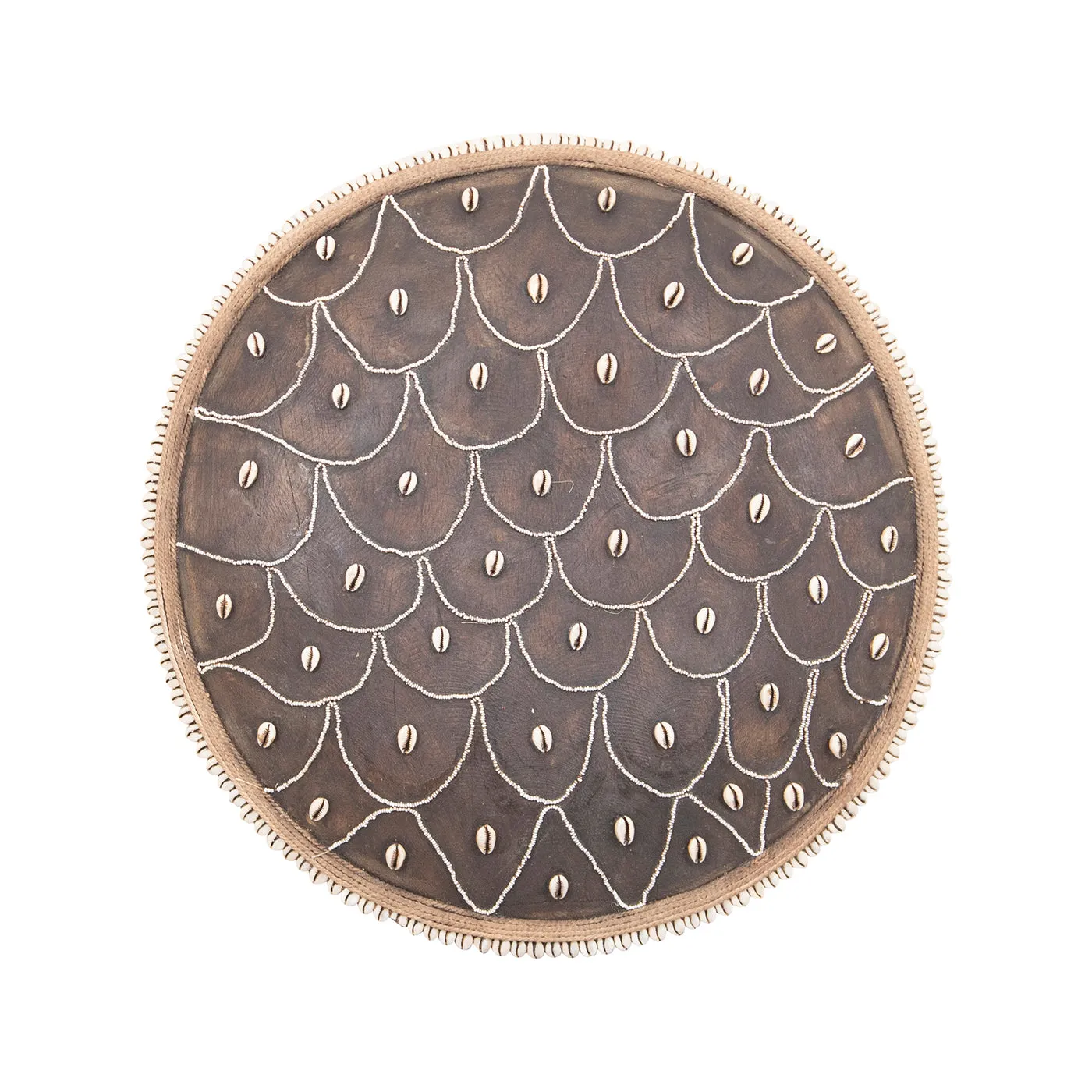 Wooden Natural Cameroon Shield with Cowrie Shells | Beaded Umbrella Design