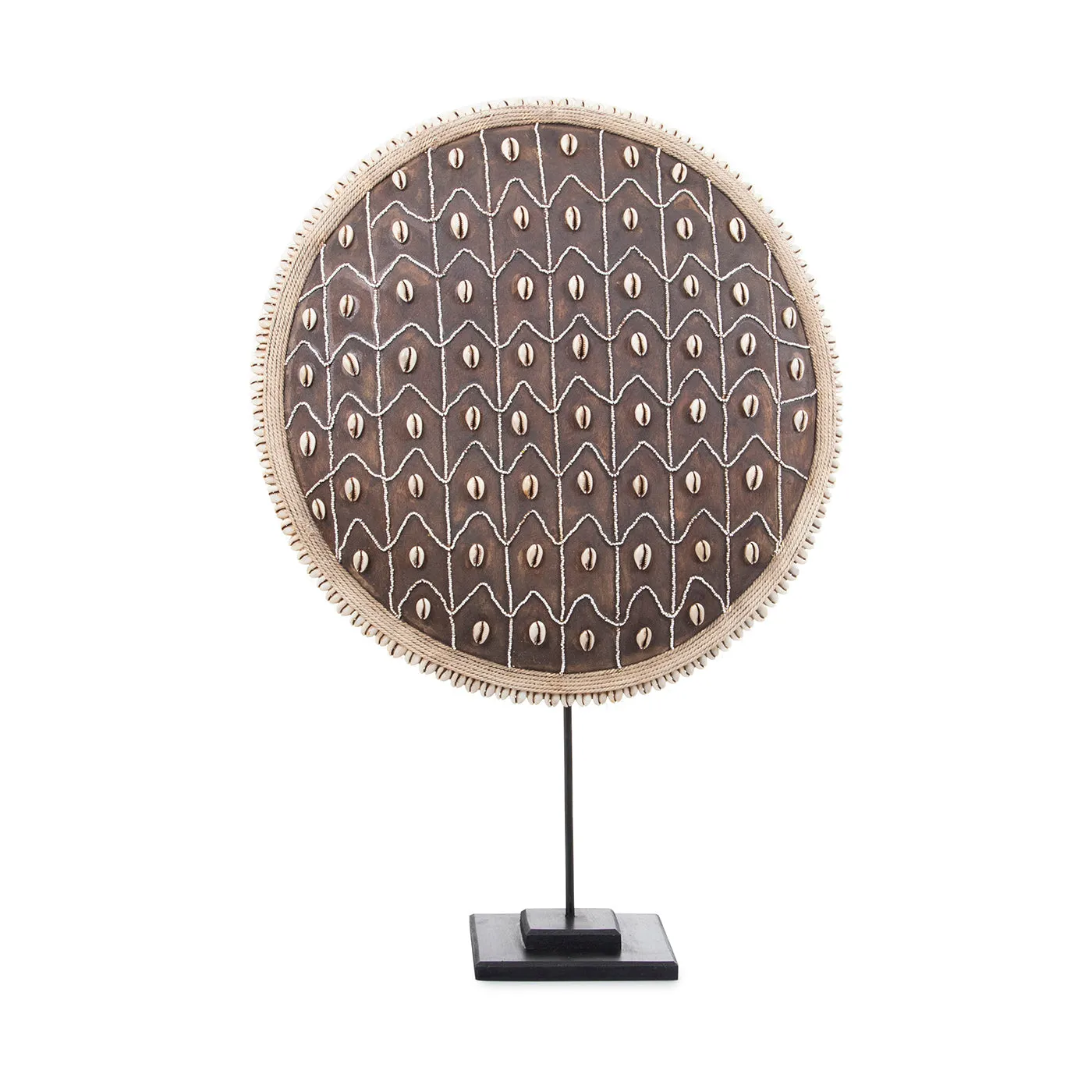 Wooden Natural Cameroon Shield with Cowrie Shells on Stand | Beaded Triangle Design