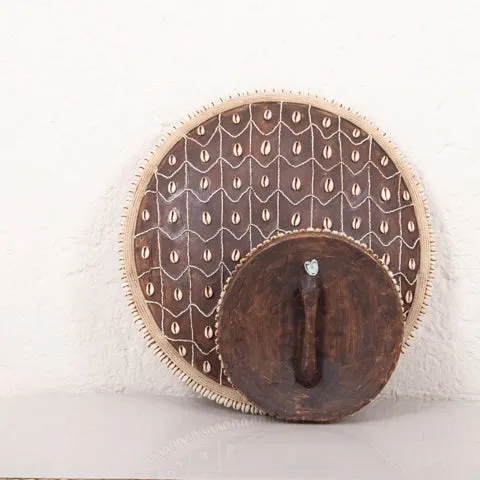 Wooden Natural Cameroon Shield with Cowrie Shells on Stand | Beaded Triangle Design