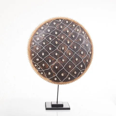 Wooden Natural Cameroon Shield with Cowrie Shells on Stand | Diamond Design