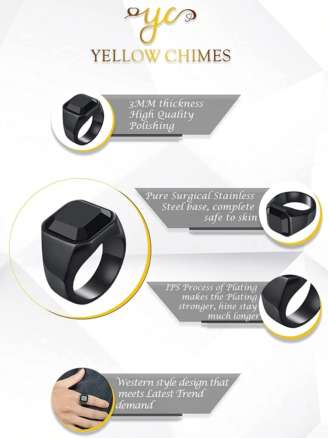 Yellow Chimes Black Rings For Men | Pack of 1 Stainless Steel Men Ring | Full Black Crystal studded Finger Ring for Boys | Ideal Gift For Men and Boys